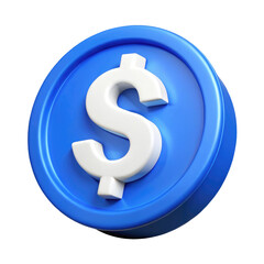 Obraz premium Dollar Currency Symbol on Blue Coin 3d icon in cartoon plastic style minimal isolated on transparent white background, clipping path