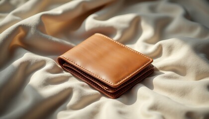 Brown leather wallet resting on soft fabric
