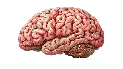 Detailed side view of a realistic human brain showing the intricate folds, grooves, and structure with a focus on the cerebrum and cerebellum in natural colors