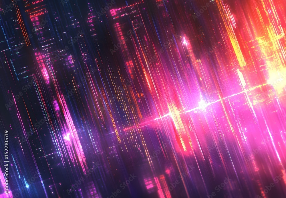 Poster high-tech background with blurry code and digital light streaks, representing the fast-paced world o