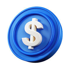 Obraz premium Dollar Currency Symbol on Blue Coin 3d icon in cartoon plastic style minimal isolated on transparent white background, clipping path