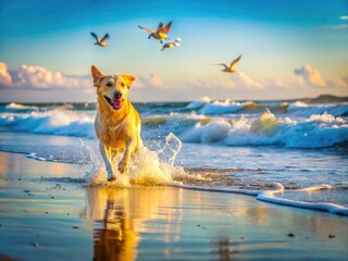 Canine freedom captured:  Documentary photos of dogs running, playing, and chasing seagulls at the beach.