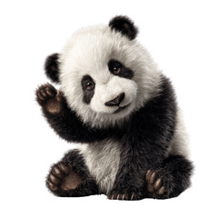 Obraz premium Captivating Portrait of an Adorable Panda Cub Waving a Gentle Hello on White