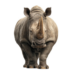 Obraz premium Majestic rhinoceros standing tall on a pure white backdrop, close up