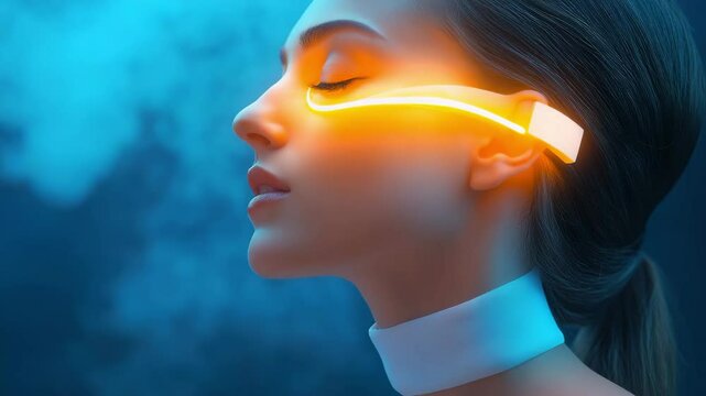 Woman with futuristic glowing visor over her eyes