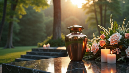 a bronze funeral urn for ashes with flowers and candles in a serene setting