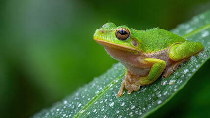 Obraz premium Green tree frog sitting on a leaf with water droplets, macro look, natural light