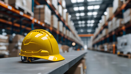 Yellow safety helmet shelf blur warehouse background. Construction labor day, national safety month campaign. Work safety concept. Protection workplace. Health care and industry