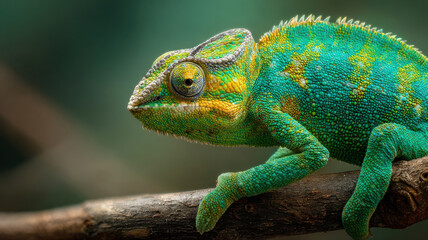 Obraz premium Vibrant green chameleon sitting on a branch, colorful scales, curious look