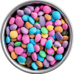 Colorful Candy Pebbles in a Round Bowl on a White Background