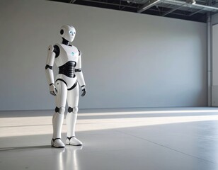 Idle AI Robot in Clean Industrial Hall with Neutral Grey Walls and Matte Floors
