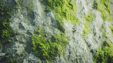 Close-up of aged concrete wall with moss and stains.