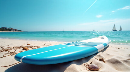 Stand-up paddleboard on sandy beach with clear blue water and sailboats in the background, copy space