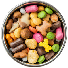 Colorful Assortment of Pet Treats in a Stainless Steel Bowl