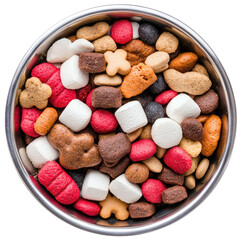 Colorful Assortment of Various Pet Treats in Round Metal Bowl