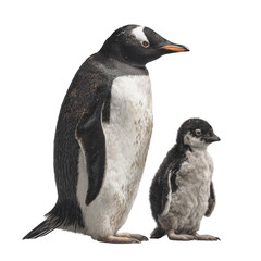 Obraz premium Gentoo penguin with fluffy chick, isolated against a white backdrop
