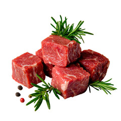 Fresh Raw Beef Cubes with Herbs and Spices on Isolated Background