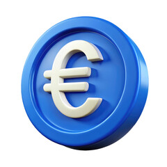Obraz premium Euro Currency Symbol on Blue Coin 3d icon in cartoon plastic style minimal isolated on transparent white background, clipping path