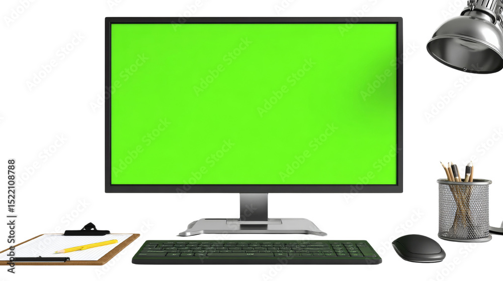 Poster Modern workspace setup with a green screen monitor for creative editing