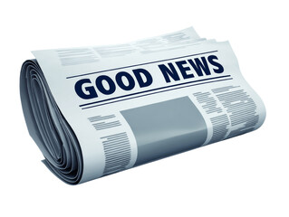 Rolled up newspaper with the heading reading good news, isolated on white