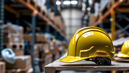 Yellow safety helmet shelf blur warehouse background. Construction labor day, national safety month campaign. Work safety concept. Protection workplace. Health care and industry