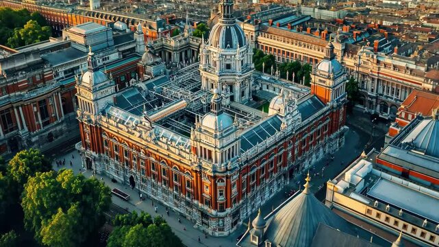 Historic view of Victoria and Albert Museum in London showcasing its stunning architecture and surroundings, Aerial view above London's historic Victoria and Albert Museum