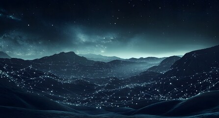 Abstract blue digital line and dot landscape background with a big data connection technology concept. Abstract polygonal wireframe mountain horizon, dark night sky,