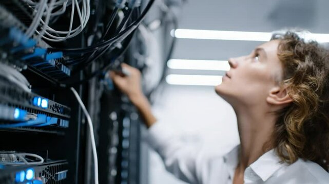 Network Technician Examining Server Rack: A dedicated network technician, focused on their task, examines a server rack, showcasing technical expertise and the intricacies of data management.