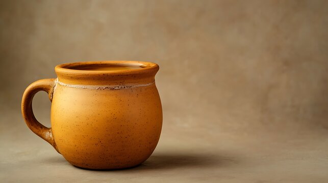 A rustic clay tea mug filled with warm herbal tea isolated on a deep matte beige background