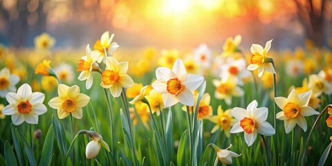 Fototapeta premium Vibrant daffodils swaying gently in a springtime flower field with a soft yellow and orange hue, surrounded by lush greenery and delicate wildflowers , outdoor landscape, orange blooms