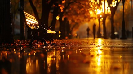 Obraz premium Illuminated bench reflects the golden glow of autumn evening light