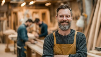 Craftsman's Pride: Capturing a moment of quiet satisfaction, a skilled artisan beams with pride in his workshop amidst the tools of his trade. The warm, natural light enhances the textures.