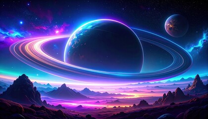Colorful Planet With Rings Above Mountains Landscape
