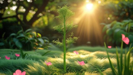 Lush meadow with a single plant in sunlight.