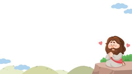 Cute Cartoon Jesus Praying on a hill Illustration – Christian Clipart with Blank Space16X9