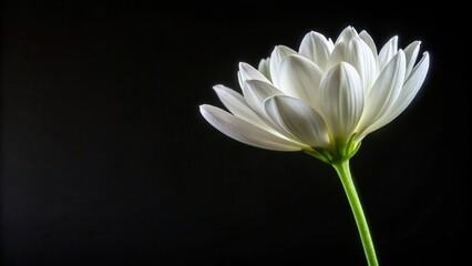 Fototapeta premium Stem of a plant with soft white petals on black background, close-up, botanical garden, close-up