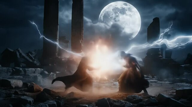 Epic magic duel between two wizards under a full moon