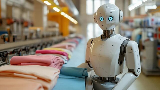 Humanoid robot folding clothes in a modern self-service laundromat