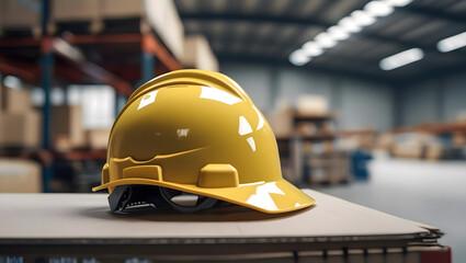 Yellow safety helmet shelf blur warehouse background. Construction labor day, national safety month campaign. Work safety concept. Protection workplace. Health care and industry