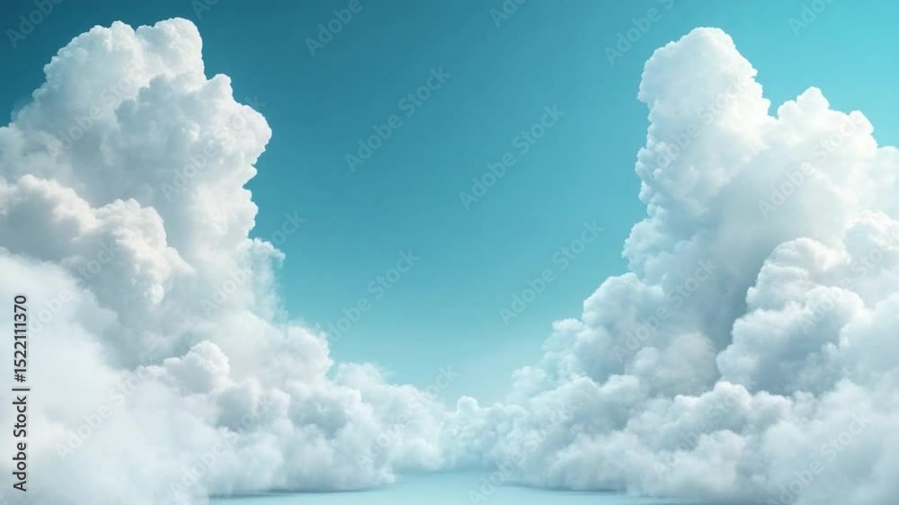 Poster celestial embrace: captivating shot of the sky, clouds form fluffy, billowy shapes against a breatht
