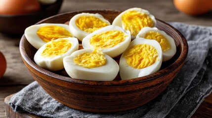 Protein rich as simple classic snack with shell concept. A bowl of perfectly cooked sliced hard-boiled eggs on a table.