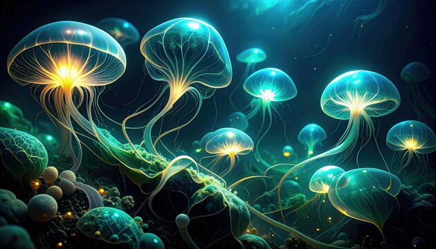 Glowing Bioluminescent Jellyfish Underwater