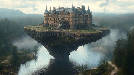 Large ornate castle sits atop a floating landmass above a lake in misty forest landscape under a cloudy sky