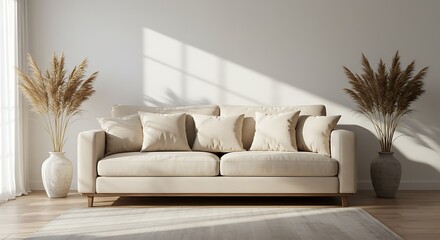 Serene Minimalist Living Room with Beige Sofa and Pampas Grass Decor