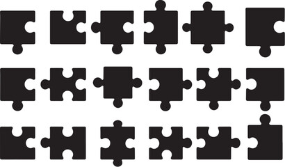 Black silhouette puzzle pieces arranged in various sizes and shapes.