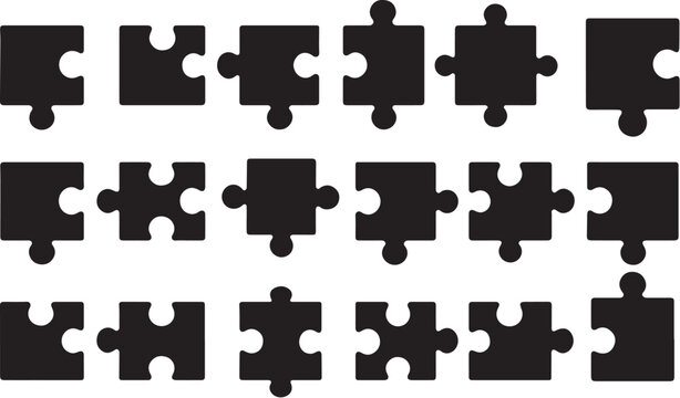 Black silhouette puzzle pieces arranged in various sizes and shapes.