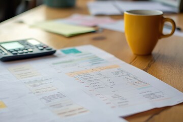 strategic planning table with ROI notes, calculator, coffee mug, and analytics