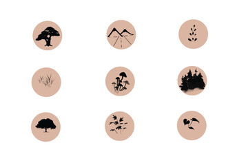 a set of buttons with colorful silhouettes of nature