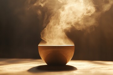 Steaming coffee cup with rich aroma rising in the morning sunlight