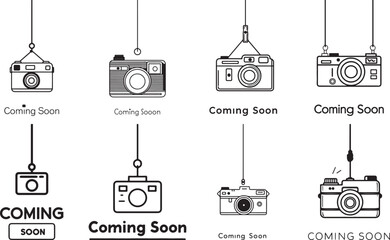 Camera Icons Set Featuring “Coming Soon” Text with Modern and Vintage Designs